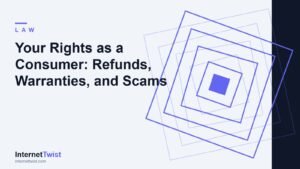 Consumer rights guide cover with concentric indigo squares symbolizing refunds warranties and scam protection