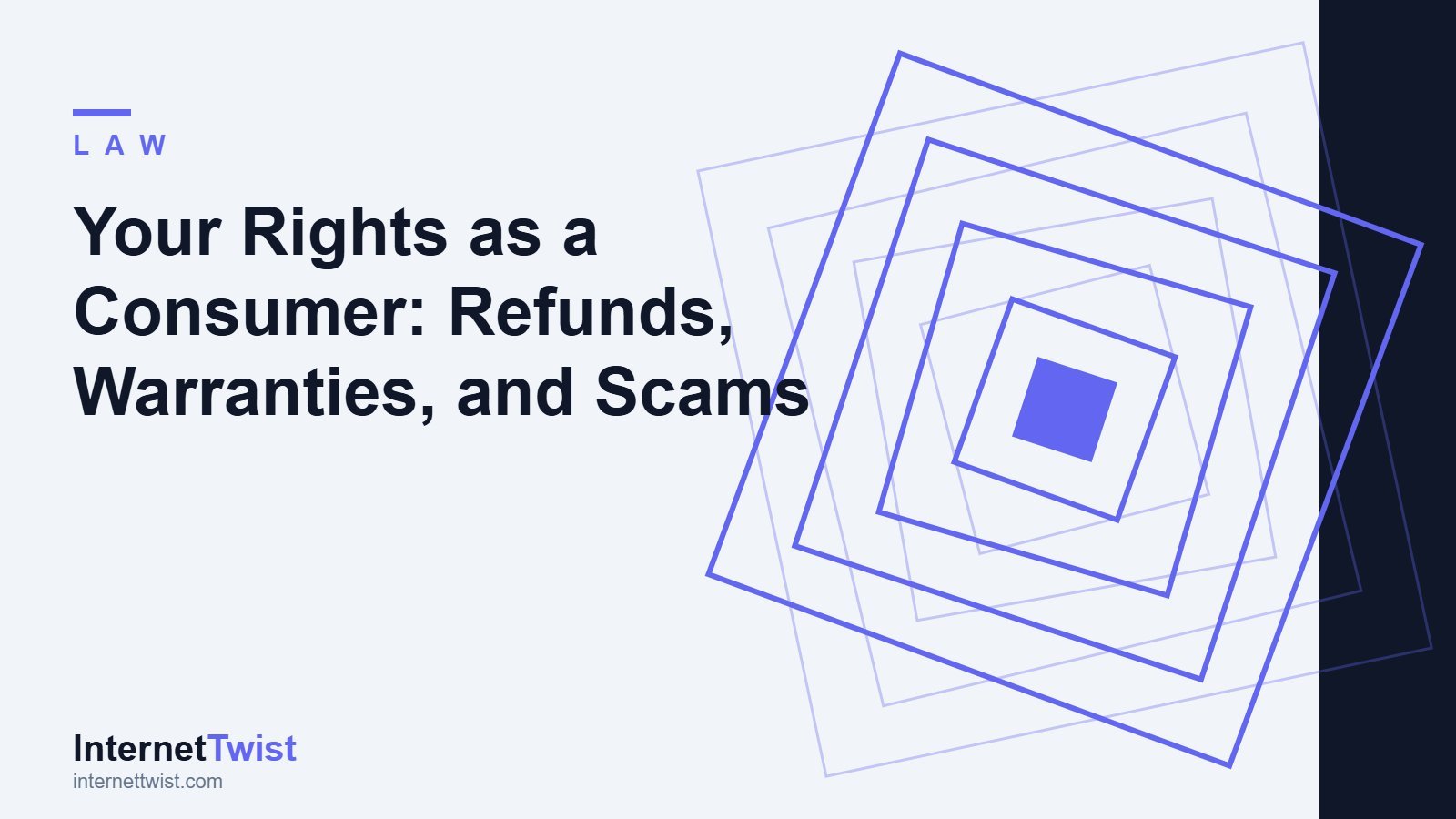 Consumer rights guide cover with concentric indigo squares symbolizing refunds warranties and scam protection