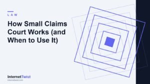 Small claims court guide cover with concentric indigo squares and a gavel-free courtroom motif