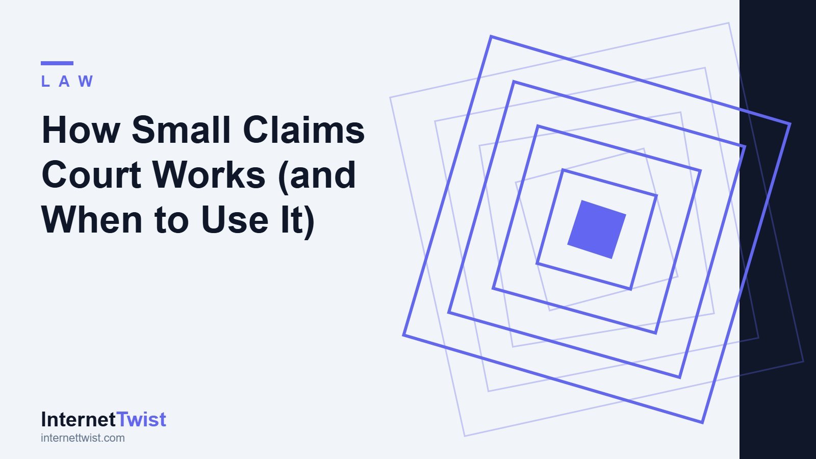 Small claims court guide cover with concentric indigo squares and a gavel-free courtroom motif